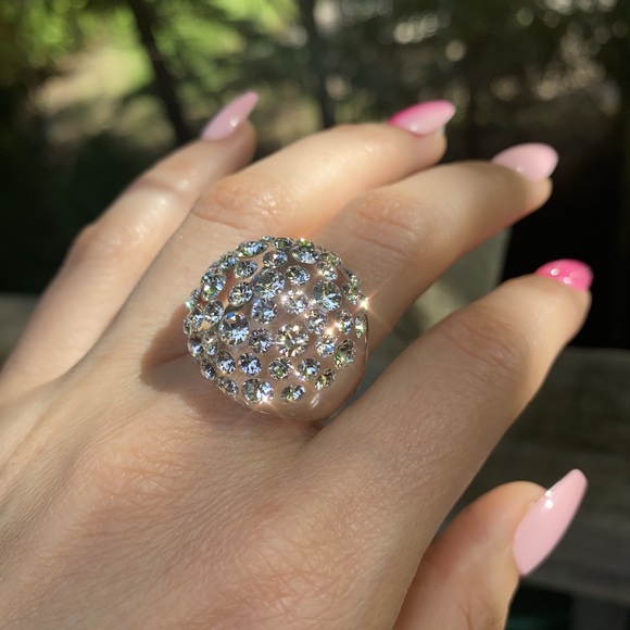 Women’s Acrylic Ring With Crystal Embellished Stones, Statement Ring, Clear - Picture 15 of 16